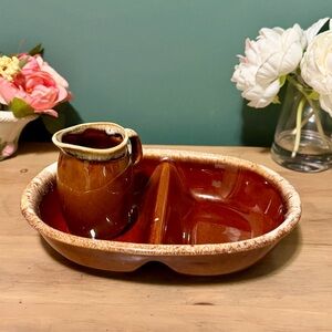 Vintage Hull Pottery Brown Drip Glaze Divided Serving Dish + Creamer | H.P. Co